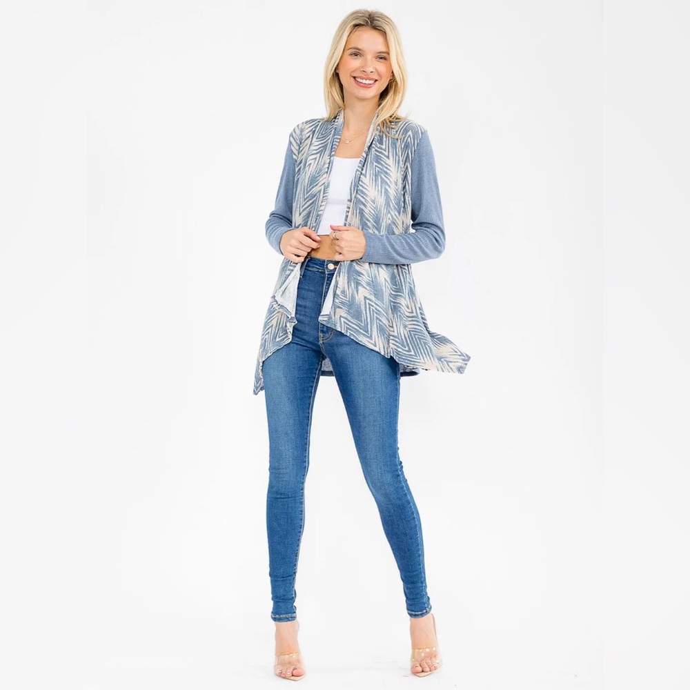 B119 a.gain Women’s Long Sleeve Open Front Ribbed Printed Cardigan
